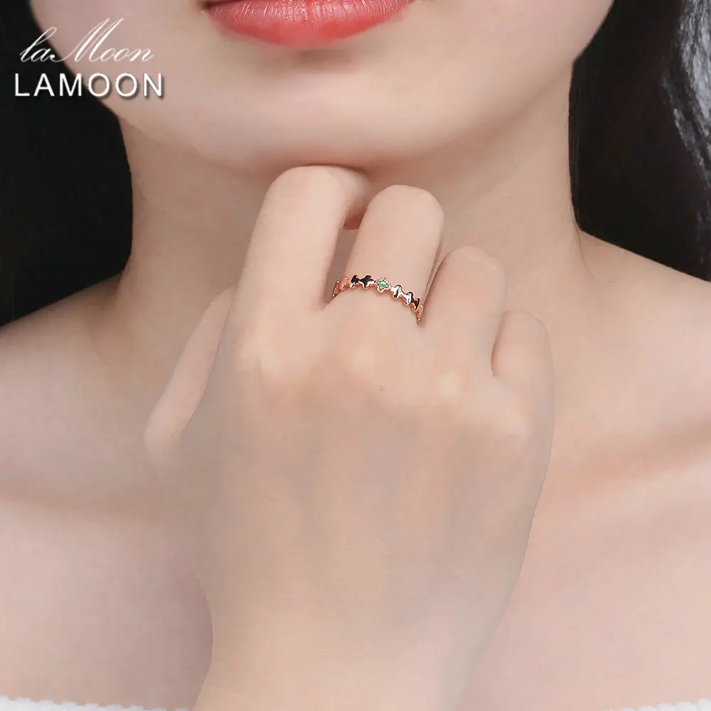 LAMOON 2017 New Romantic Real Natural Round Green Emerald Clover S925 Rings 925-Sterling-Silver Jewellry for Women Girl LMRI058