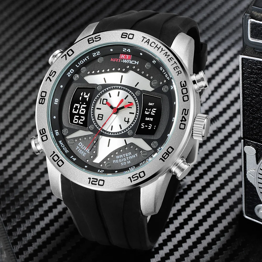 

KAT-WACH Big Dial Sport Watches Silicone Band Waterproof Dual Display Military Digital Watch Male Clock relogio masculino Saat