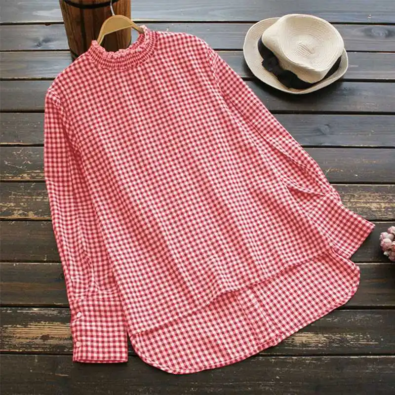 ZANZEA Женская винтажная клетчатая блузка с высоким воротом, Повседневная рубашка с длинным рукавом, элегантная женская офисная рубашка, свободные блузы - Цвет: Красный