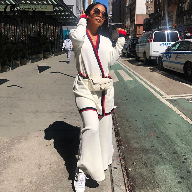 

GBYXTY Ladies Elegant Double Breasted 2 Piece Set Streetwear Oversize Jacket Top and Wide Leg Pants Set Femme Tracksuit ZL204