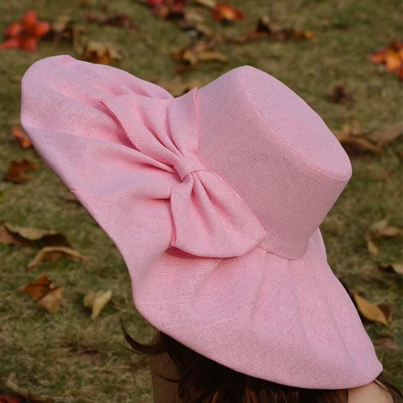Огромная льняная шляпа от солнца, женская шляпа Кентукки Дерби с широкими полями, шляпа от солнца, свадебные церковные пляжные шляпы для женщин, женская шляпа с бантом, А047