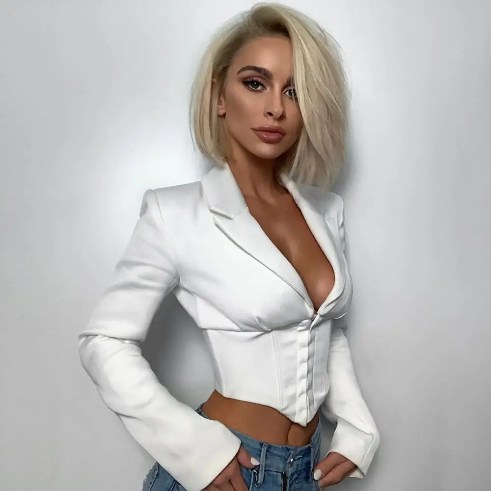 Cryptographic Women White Blazer and Jackets Elegant Long Sleeve Notched Short Office Single Breasted Ladies Blazer Streetwear
