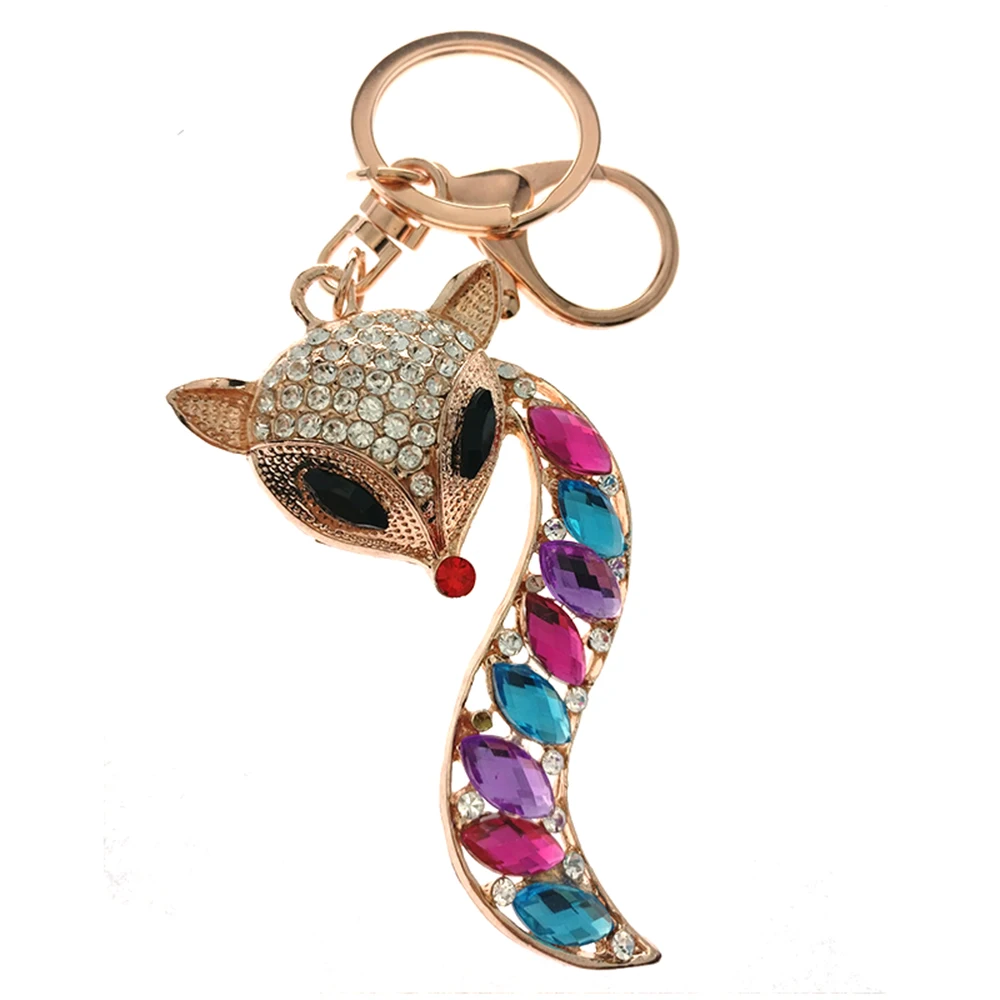 Showtrue Fashion Colorful Crystal Keyrings Fox Key Holder Keychains Rings for Bag Car Creative
