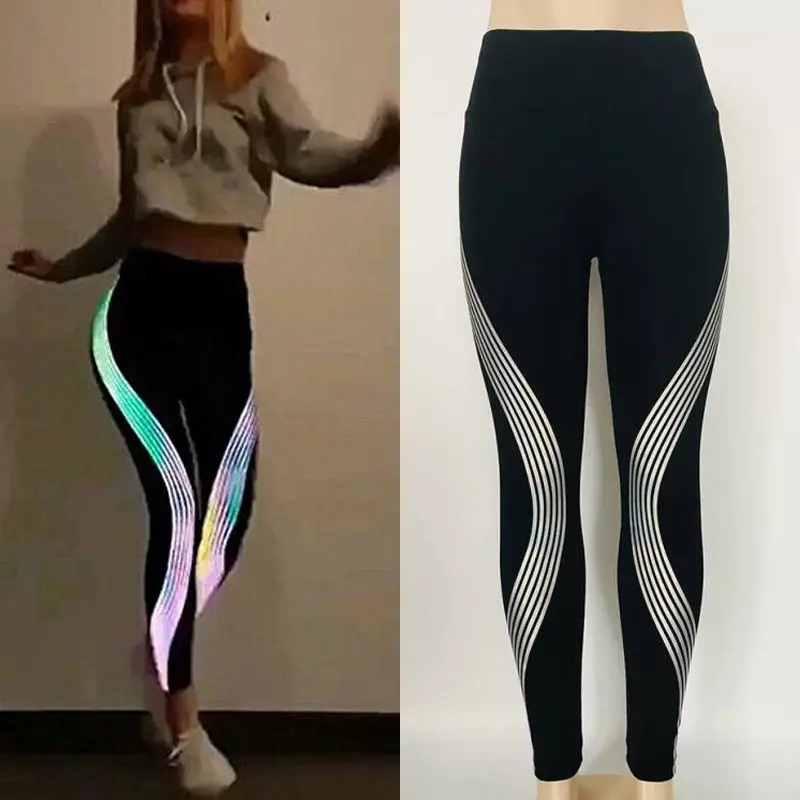

2018 Brand New Women's Yoga Fitness Leggings Gym Stretch Sports Glow in Dark Pants Trousers Shine Stiped Leggings Yoga Pants