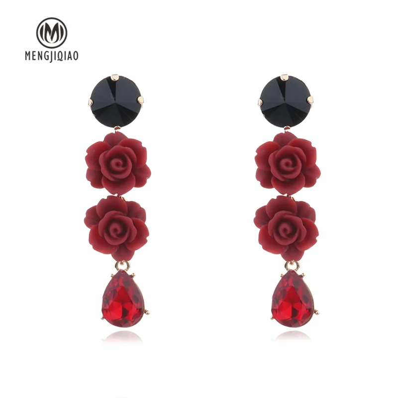 

MENGJIQIAO 2018 New Fashion Elegant Resin Acrylic Flower Water Drop Crystal Pendant Long Earrings For Women Vintage Oorbellen