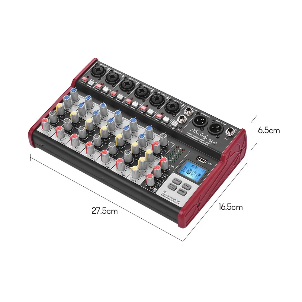 Muslady SL-8 8-канальный смешивания консольный микшер 2-полосным эквалайзером встроенный 48V Phantom Мощность поддерживает подключения BT USB MP3 плеер для ди-джей