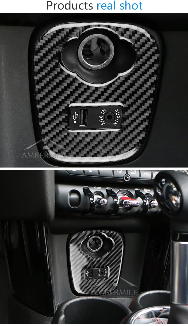 for Mini Cooper JCW F55 F56 Accessories Car Interior Carbon Fiber Cigarette Lighter USB AUX Panel Cover Sticker Decals (6)