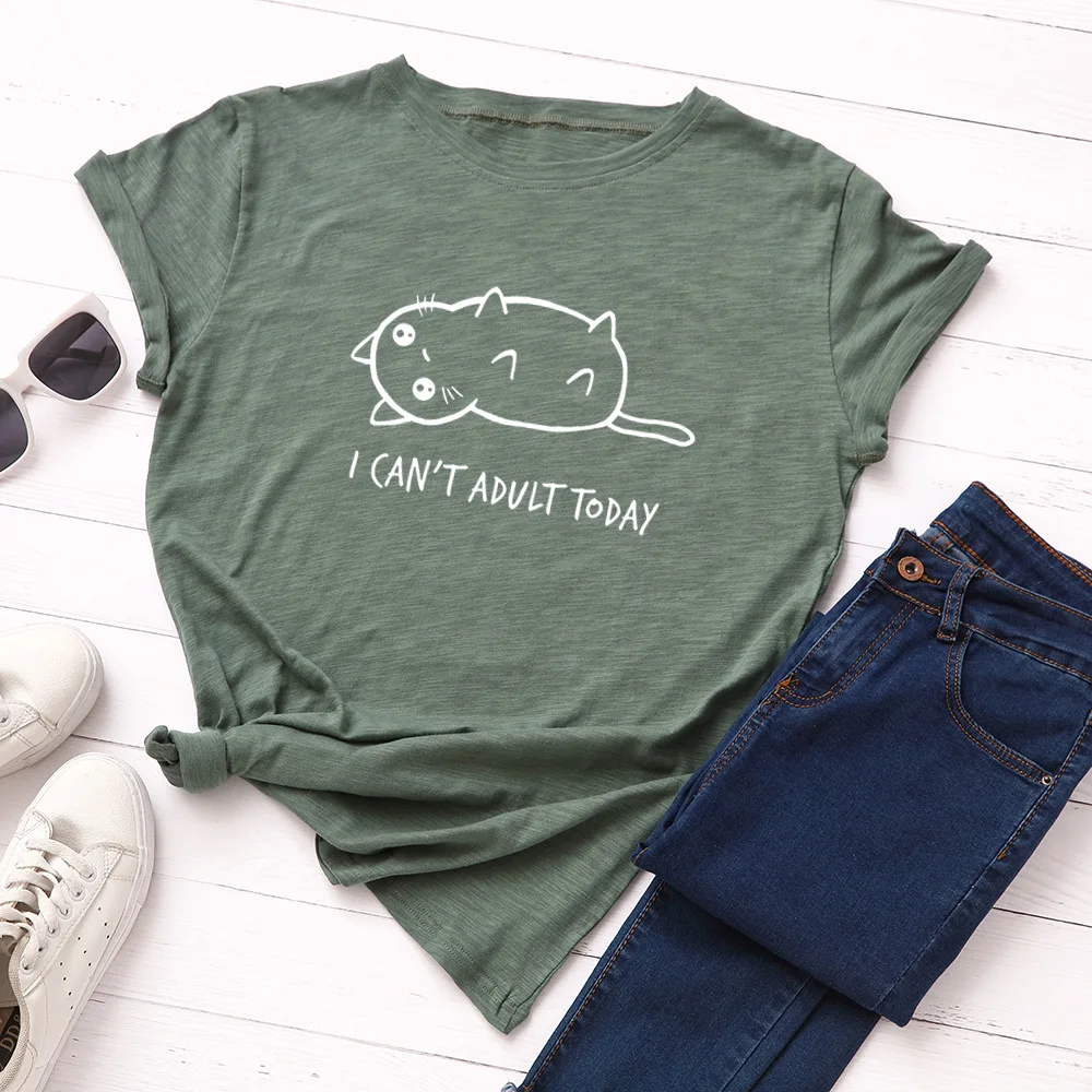 

2019 Plus Size 5XL Cute Shirts I Can't Adult Today Lovely Basic T-shirt Cat Cartoon Summer Tees