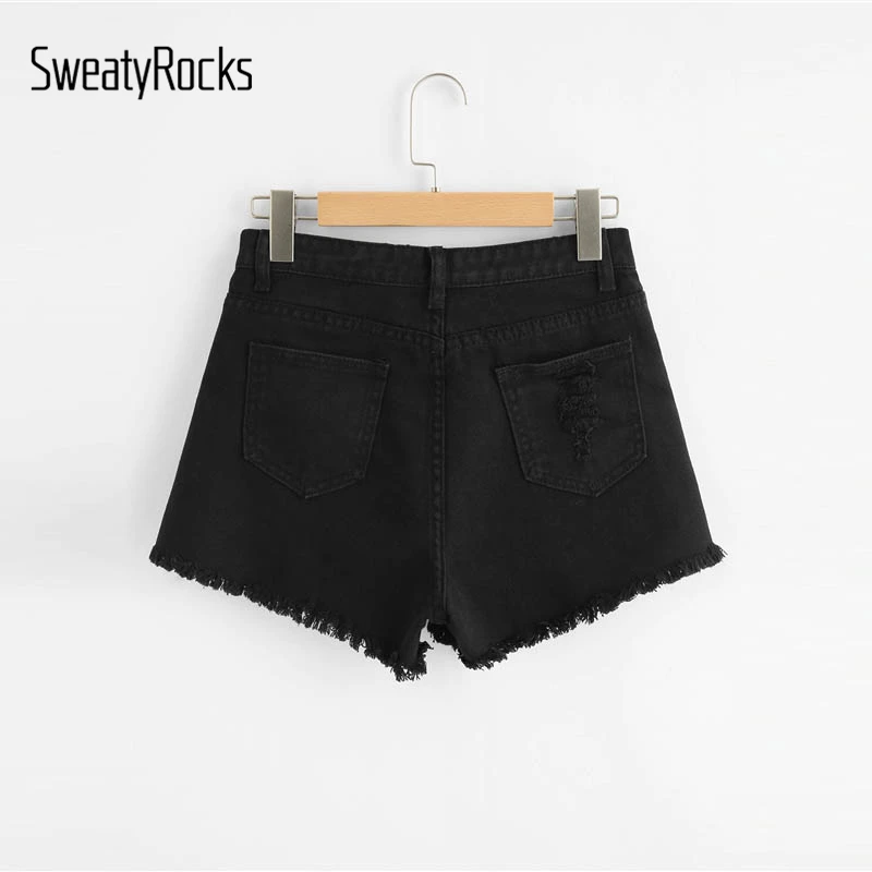 SweatyRocks, рваные потертые джинсовые шорты, уличная одежда, повседневные черные шорты, модные летние женские базовые шорты на пуговицах