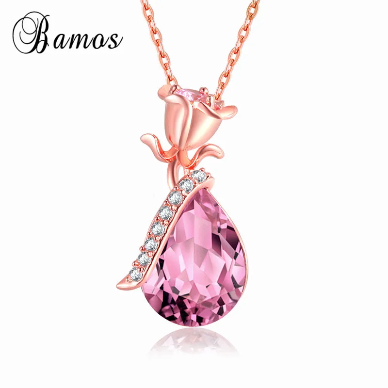 

Bamos Rose Gold Color Rose Flower Chain Necklace Cute Pink Zircon Pendant Necklace For Women Fashion Crystal Jewelry Best Gift