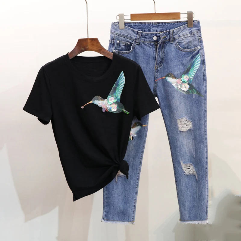 

Women's Summer Set high quality print pattern heavy nail drill bird Lady short-sleeved t-shirt Holes jeans 2 piece set women