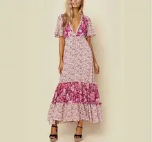 pink floral print dress V-neck women long maxi summer dresses kimono sleeves ruffles drawstring waist dress female