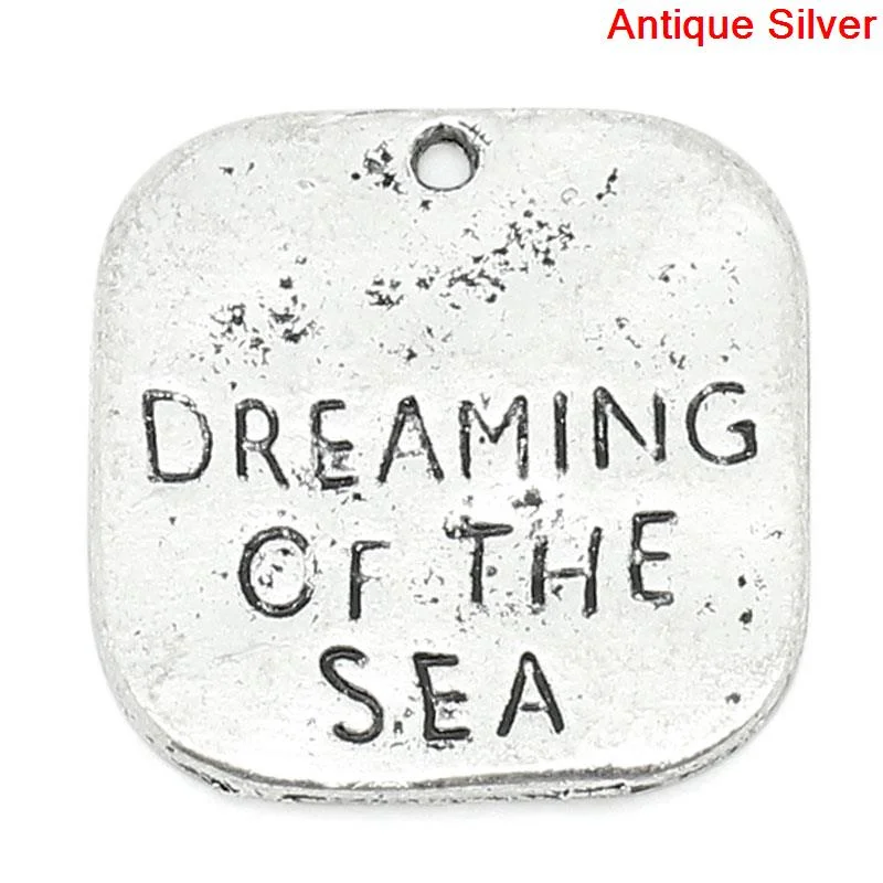 

8SEASONS Charm Pendants Square Antique Silver "DREAMING OF THE SEA" Carved 19x20mm,30PCs (B28907)