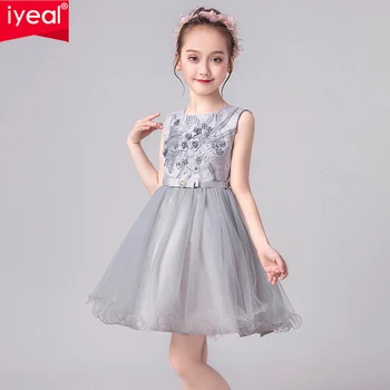 

IYEAL High-end Embroidery Flower Neck Elegant Girls Wedding Dress With Bow Belt Girls Birthday Party Dress for 4-14 Years