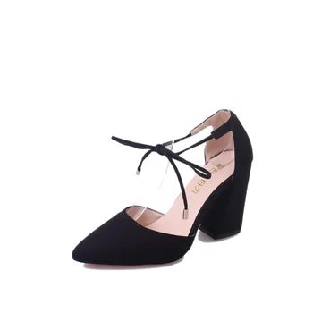 

ZHENZHOU Women Pumps 2017 summer cross strap high heels thick with pointed hollow sandals suede gray women's shoes