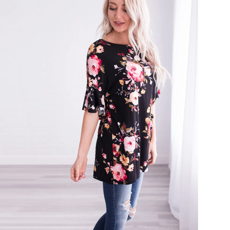 maternity blouse-maternity tops-maternity tshirt-red flower black side AS1752