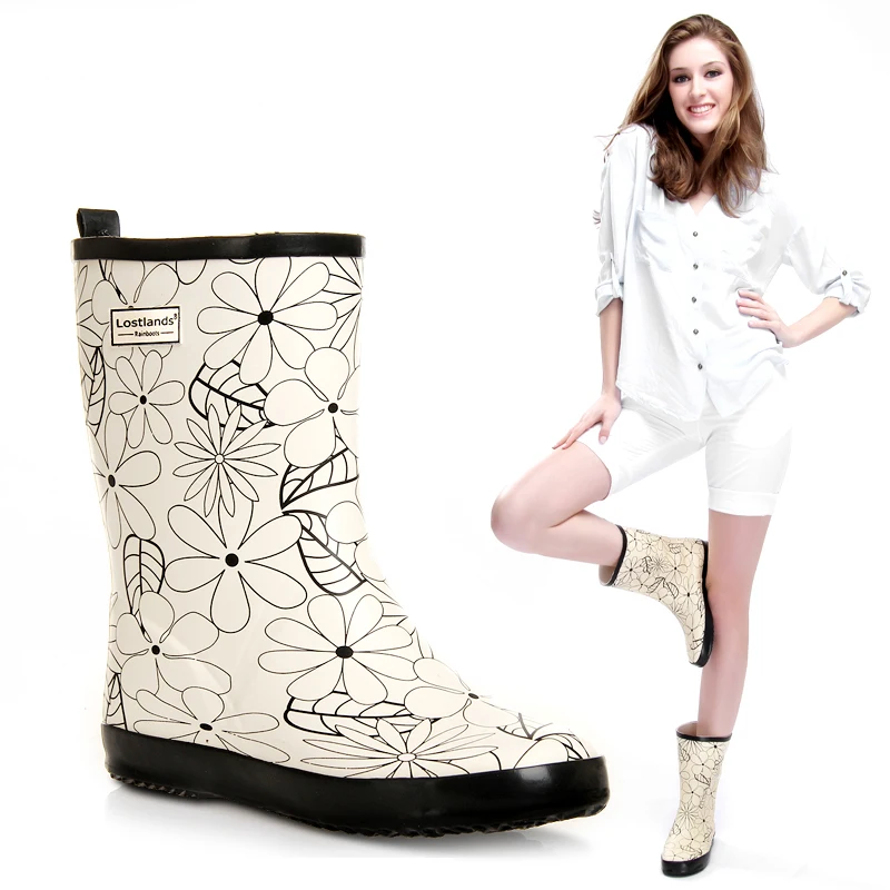 

PJ.SDZM Women Rubber Rainboots Elegan Moscire Rain Boots Girl Fashion Pattern Rain Shoes Middle Short Water Shoes Pink Beige