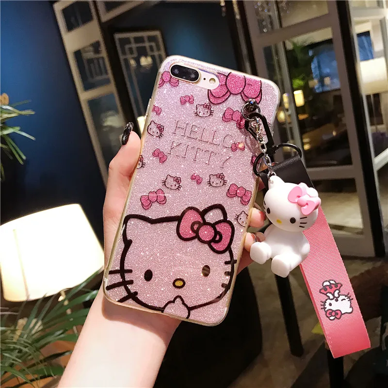 

KASONPAI For iPhone XS Max XR Kitty Case Bling Hello Kitty Cover for iPhone 6 6S 7 8 plus X phone cover + toy stander +Strap