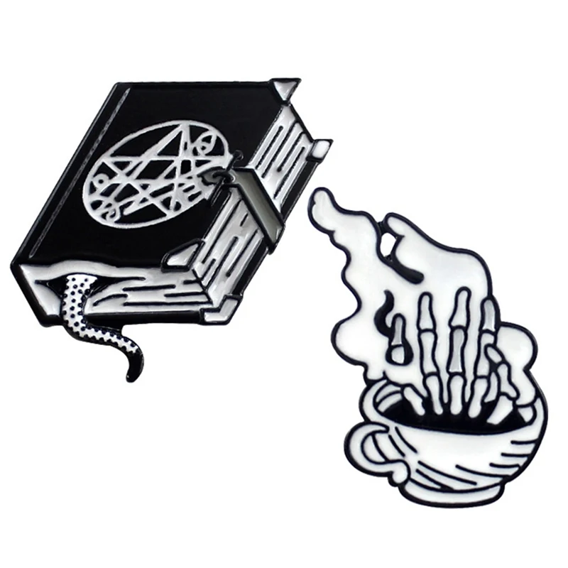 

Black Brooch Witch Magic Book Lizard Tail Hand Bone Coffee Cup Wake Up Dead Skeleton Enamel Pin Denim Badge Punk Jewelry Gifts