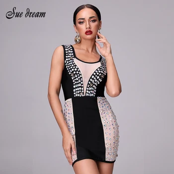 

2019 Summer New Women's Sexy Sleeveless Lace Tank Club Dress Vestidos Luxury Diamond Bandage Dress