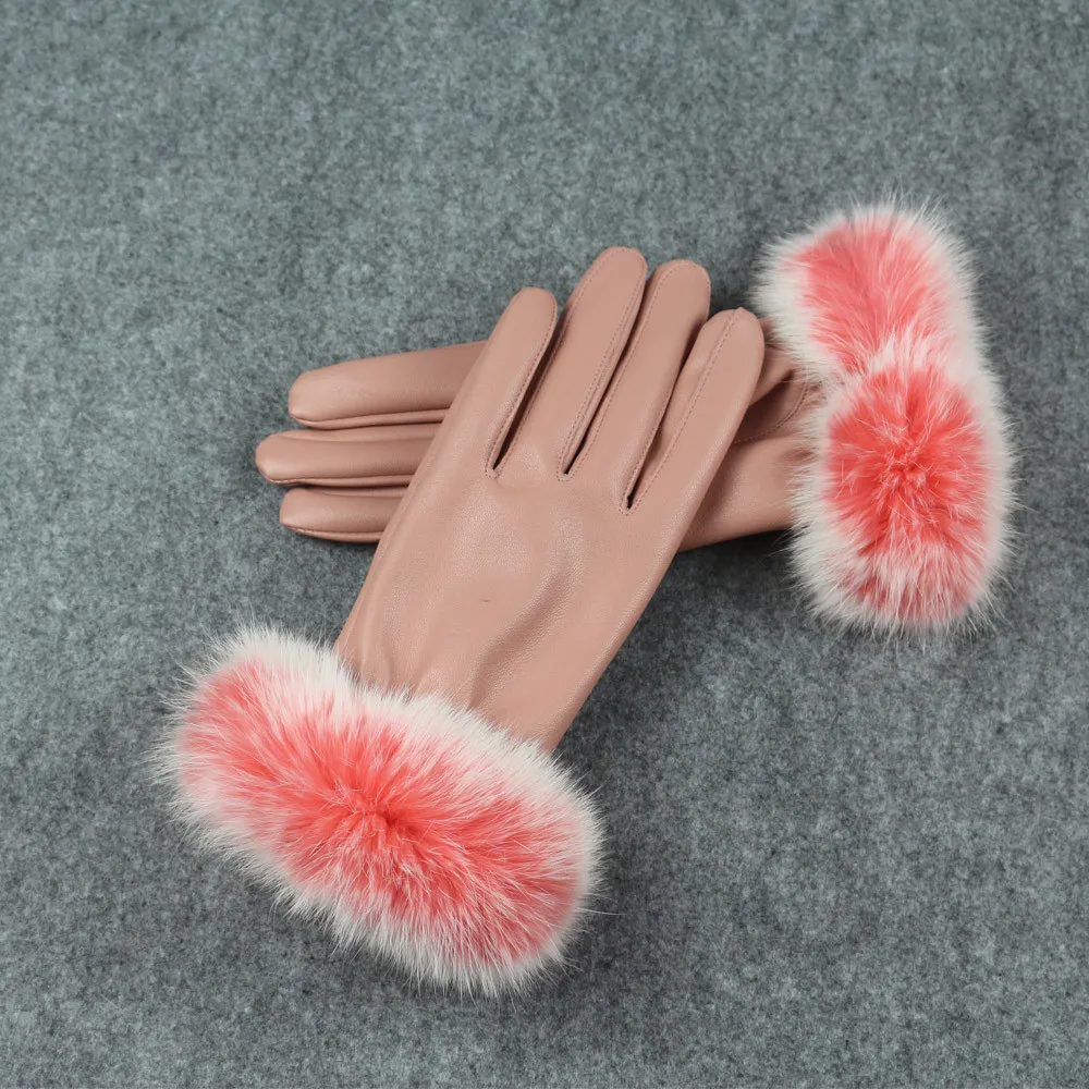 Женские перчатки, зимние кожаные перчатки, элегантные розовые перчатки, женские перчатки из искусственной кожи, на запястье, плюшевые перчатки из искусственного меха, перчатки на полный палец#10