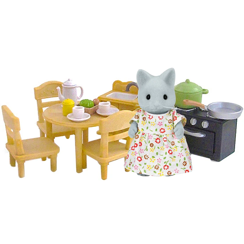 Sylvanian Families кукольный домик, мебель, аксессуары для кухни, столовой, сцены, игровой набор w/Cat, фигурка девочки, детская игрушка, подарок, Новинка