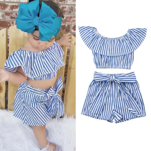 

2019 Summer Girls Clothes Ruffle Crop Tops+Shorts Pants Striped Outfits Set 2pcs Suit Clothing Sets Girls Two Pieces Suits 1-6Y