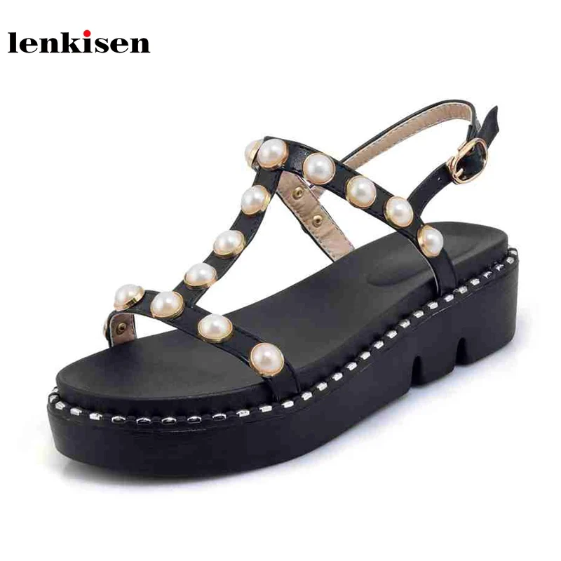 

Lenkisen 2018 new PU big size platform summer Princess style med heel wedges shoes pearl solid ankle strap women sandals L9f8