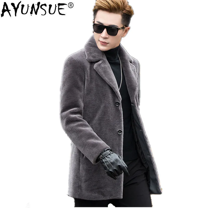 AYUNSUE шерстяное меховое пальто, зимняя куртка, Мужская Шуба из натуральной овчины, Мужское пальто толстого размера плюс, длинная куртка AW9939 MY758