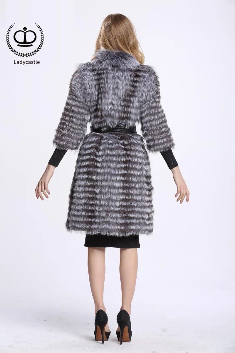 Top 2018 New Real Sliver Fox Fur Coat With O-Neck Collar Long Jacket Big Size For Women Down Fox Fur Coat From Natural Winter FC-044 7