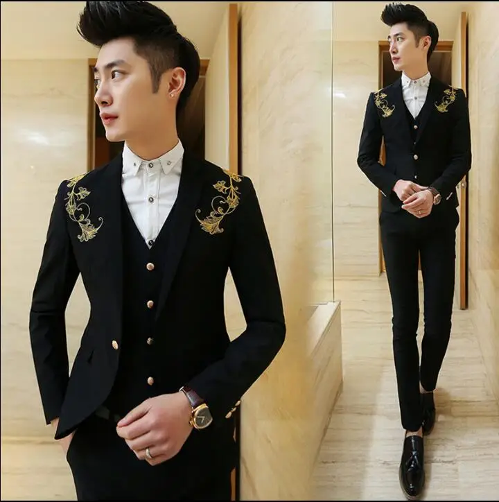 

High Quality Men Tuxedos Wedding Party Prom Suits Blazer For Men 3 Pieces 2017 Black Men Suits With Golden Embroidery 2017 Slim
