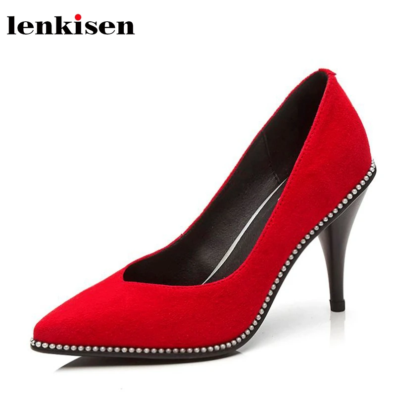 

Lenkisen spring and summer kid suede pointed toe shallow beaded along wedding party beauty lady super high heel women pumps L10