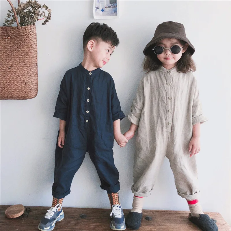 Весенние детские комбинезоны унисекс свободные брюки из хлопка и льна комбинезоны в Корейском стиле для маленьких мальчиков и девочек, детская одежда H0891