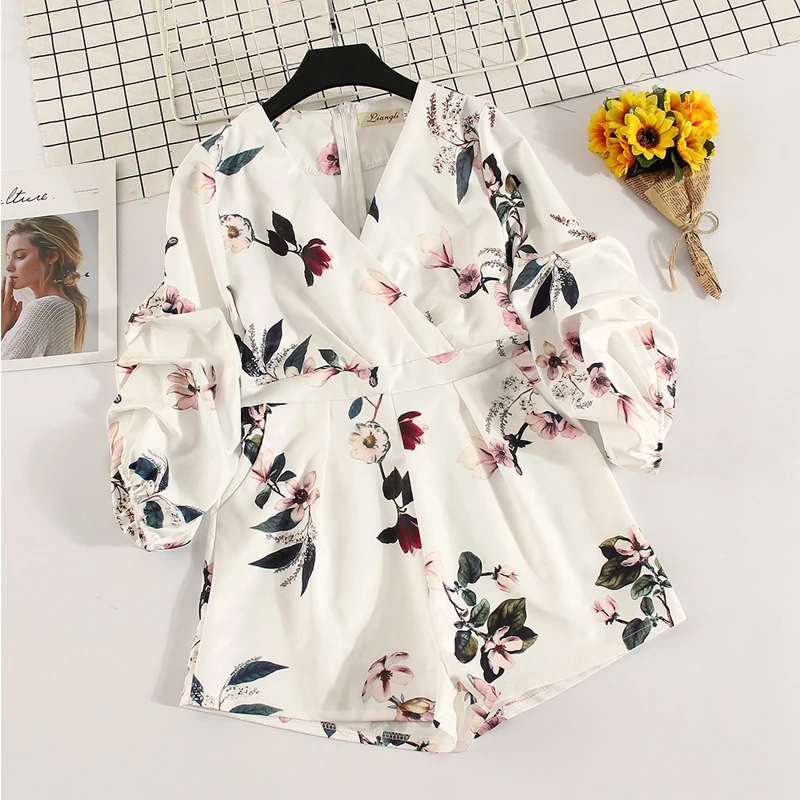 IUURANUS Women's V neck lantern sleeve Print Playsuits Lady's Vintage Autumn Summer Wide leg shorts imitation satin Jumpsuits IUURANUS Women's V neck lantern sleeve Print Playsuits Lady's Vintage Autumn Summer Wide leg shorts imitation satin Jumpsuits