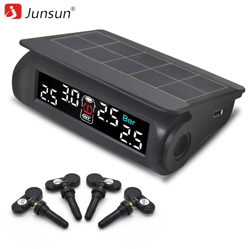 Junsun Car TPMS Tire Pressure Monitoring System Solar Charging VA HD Digital LCD Display Auto Alarm System Wireless With Sensor