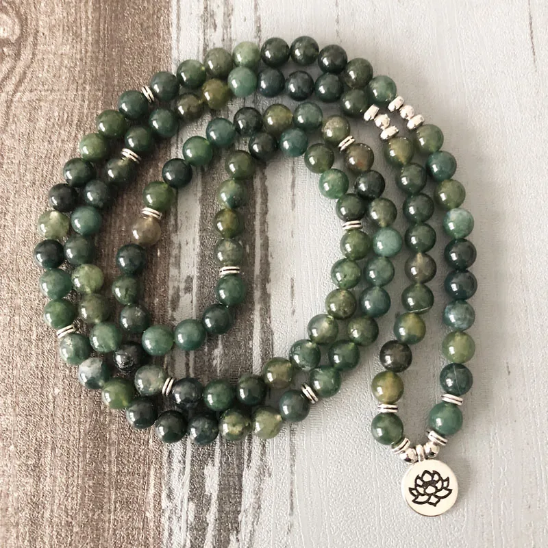 Горячие женщины Мала ожерелье& браслеты для мох агатов зеленый Йога браслет Мала Лотос 108 бусины Серафинит браслет
