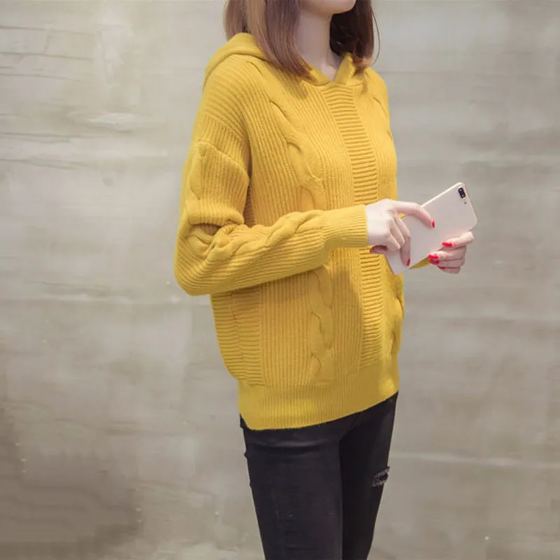 

Hooded Pullover Sweater Women 2018 Spring Autumn New Solid Color Twist Loose Large Size Short Ladies Knitted Sweate LQ226