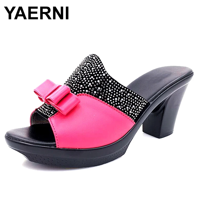 

YAERNISUMMER GENUINE LEATHER WOMEN SANDALS DIAMOND SOFT FACE BOW MOTHER SLIPPERS PLATFORM ANTISKID SANDALS SLIPPERSE771
