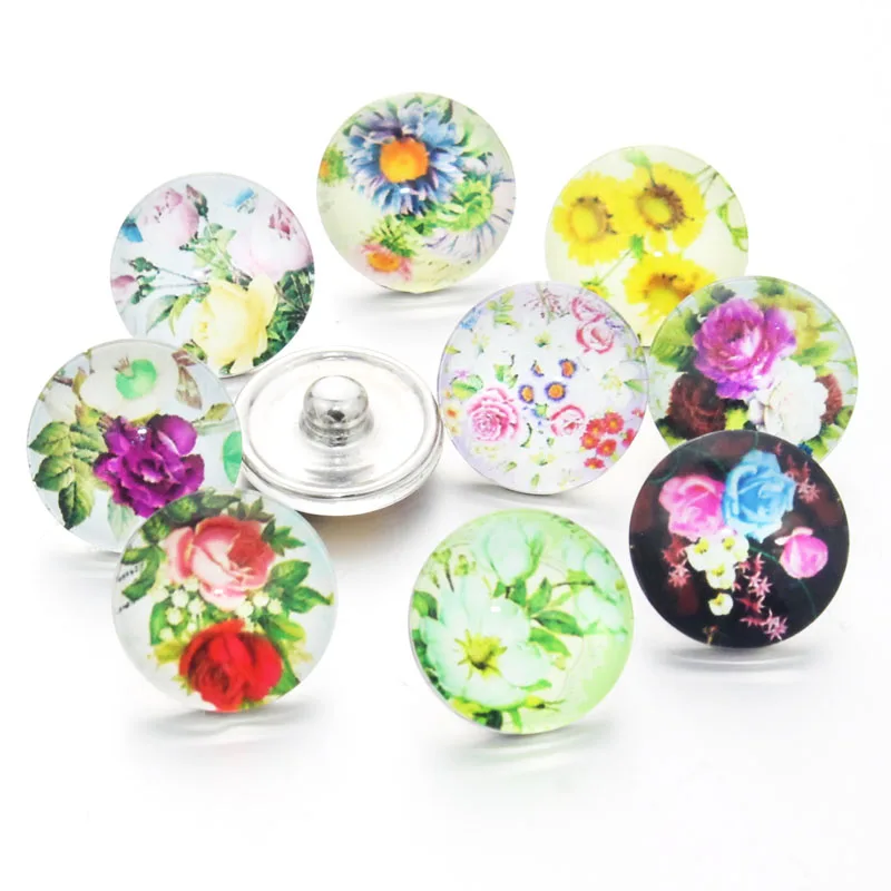 10PCS/lot Random Mix Colors flower Snap Buttons Beads 18mm Print Glass