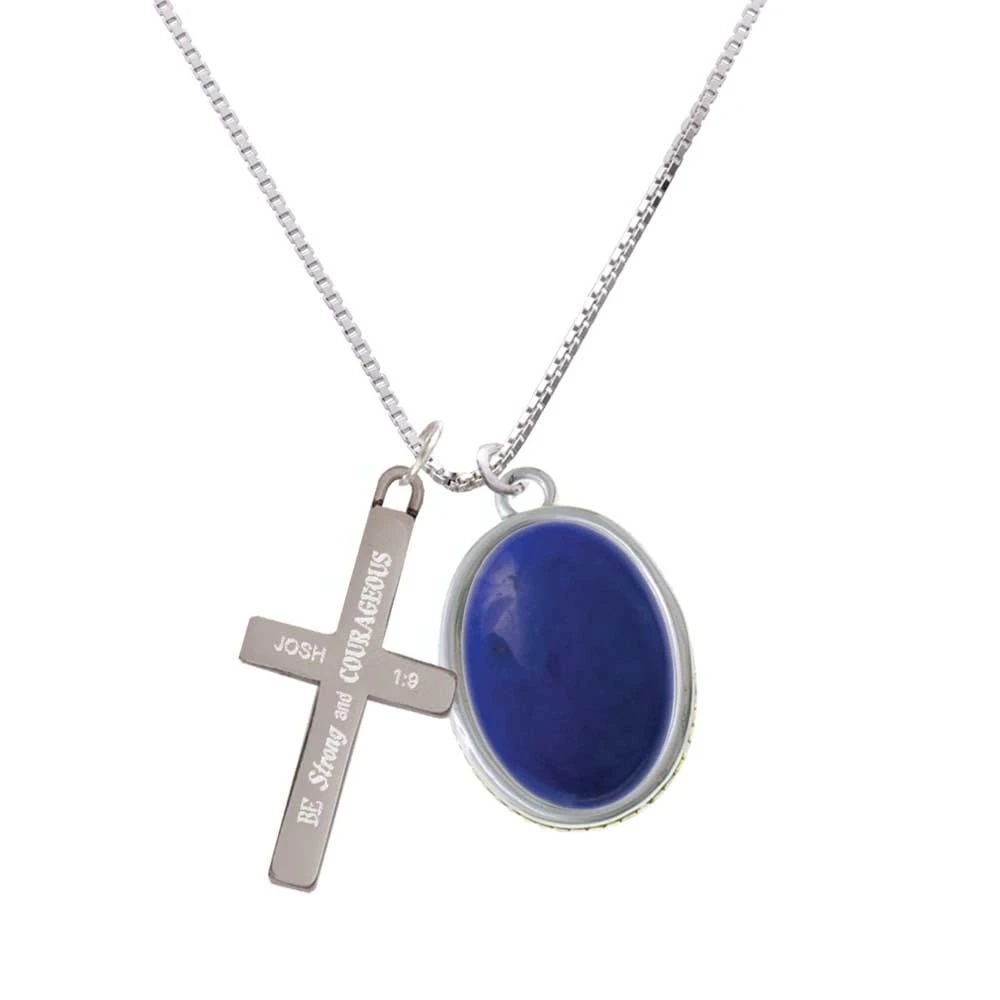 Oval - Dolomite Marble - Blue - - Strong and Courageous - Cross Necklace