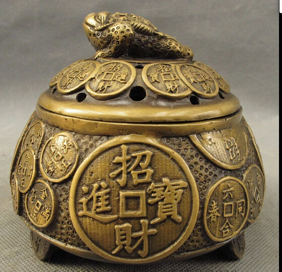 

wan671028+++Chinese Bronze Zhao Cai Wealth Coin Hoptoad Toad Statue Incense Burner Censer