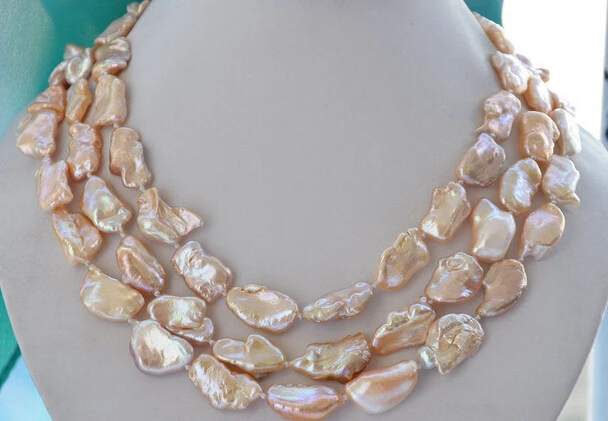 

FREE SHIPPING3row 20mm PINK BAROQUE KESHI REBORN biwa PEARL NECKLACE (A0513)