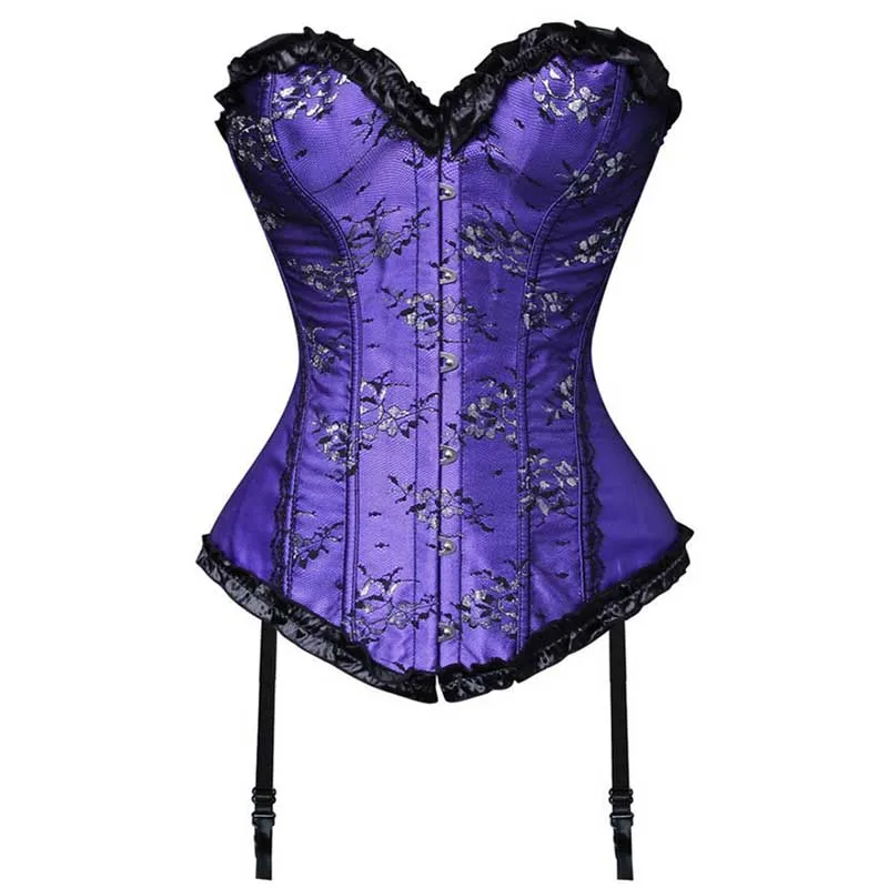 Purple Floral Satin Fabric Hot Sexy Gothic Corset Overbust Steel Boned