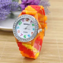 New! Hot 2015 New Ladies Geneva Rhinestone Inlaid Case Rainbow Colorful Band Watches for Fashion Design 5L4V