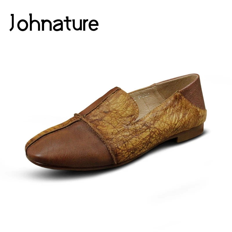 

Johnature 2019 New Genuine Leather Retro Round Toe Shallow Slip-on Casual Sewing Square Heel Low Heels Women Shoes Pumps