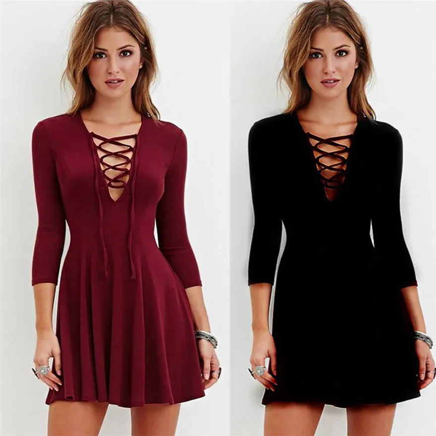 

Dress Women Sexy Wear V Collar Sexy Cross three Quarter Sleeve Solid Mini Dress Evening pary dress for ladies 2019 #