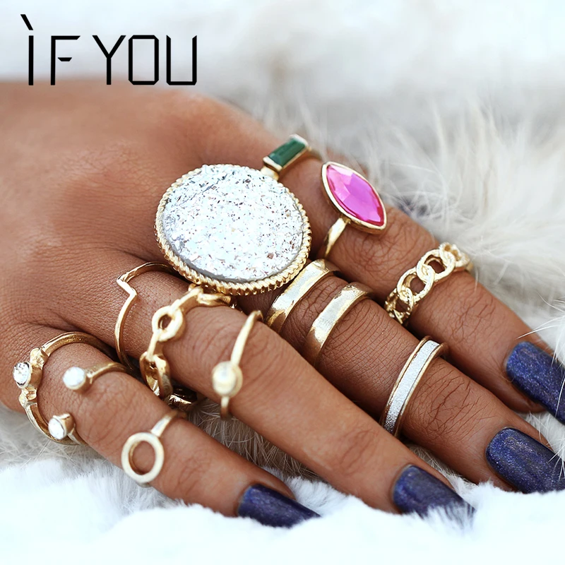 IF YOU Vintage Stone Opal Rings Set Bohemian Geometric Antique Silver Color Knuckle Shield Rings For Women Jewelry