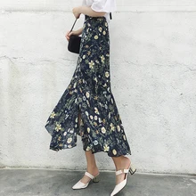 С цветочным принтом длинная юбка Русалка Для женщин Юбки для женщин Разделение Волан оборками Макси юбка Нерегулярные Макси Юбки для женщин Элегантный Faldas шифон Saia