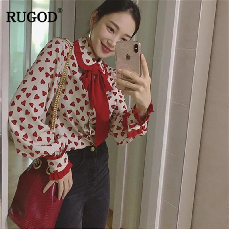 RUGOD/Женская весенняя одежда с отложным воротником, Повседневная Блузка с длинным рукавом и принтом «любовь», Женская винтажная модная шифоновая рубашка с бантом
