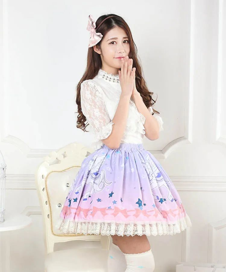 

Sweet Ombre Pink Unicorn Printed Lace Lady's Lolita Skirt Free Shipping